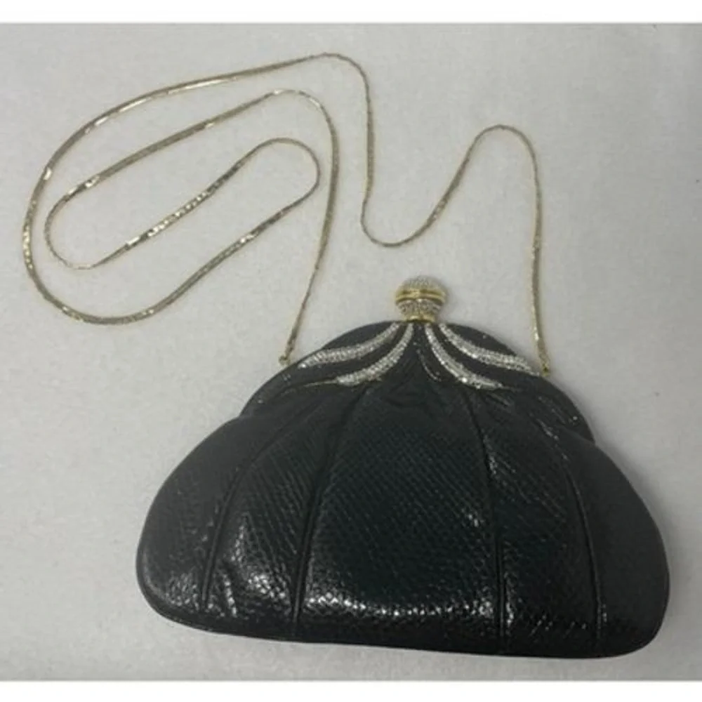 Vintage Finesse La Model Jeweled Convertible Snakeskin‎ Clutch Gold Chain